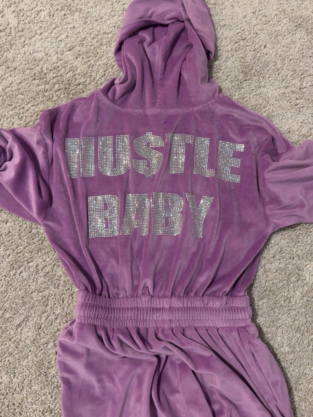 Fashion Nova Purple Velour Hooded Jumpsuit with Rhinestone 'Hustle Baby'